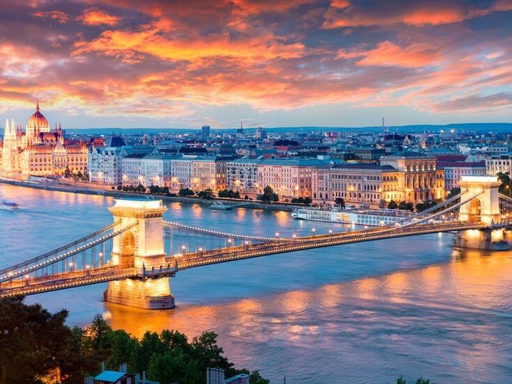 Parliament and Chain Bridge with colorful sunset in Budapest, Hungary,